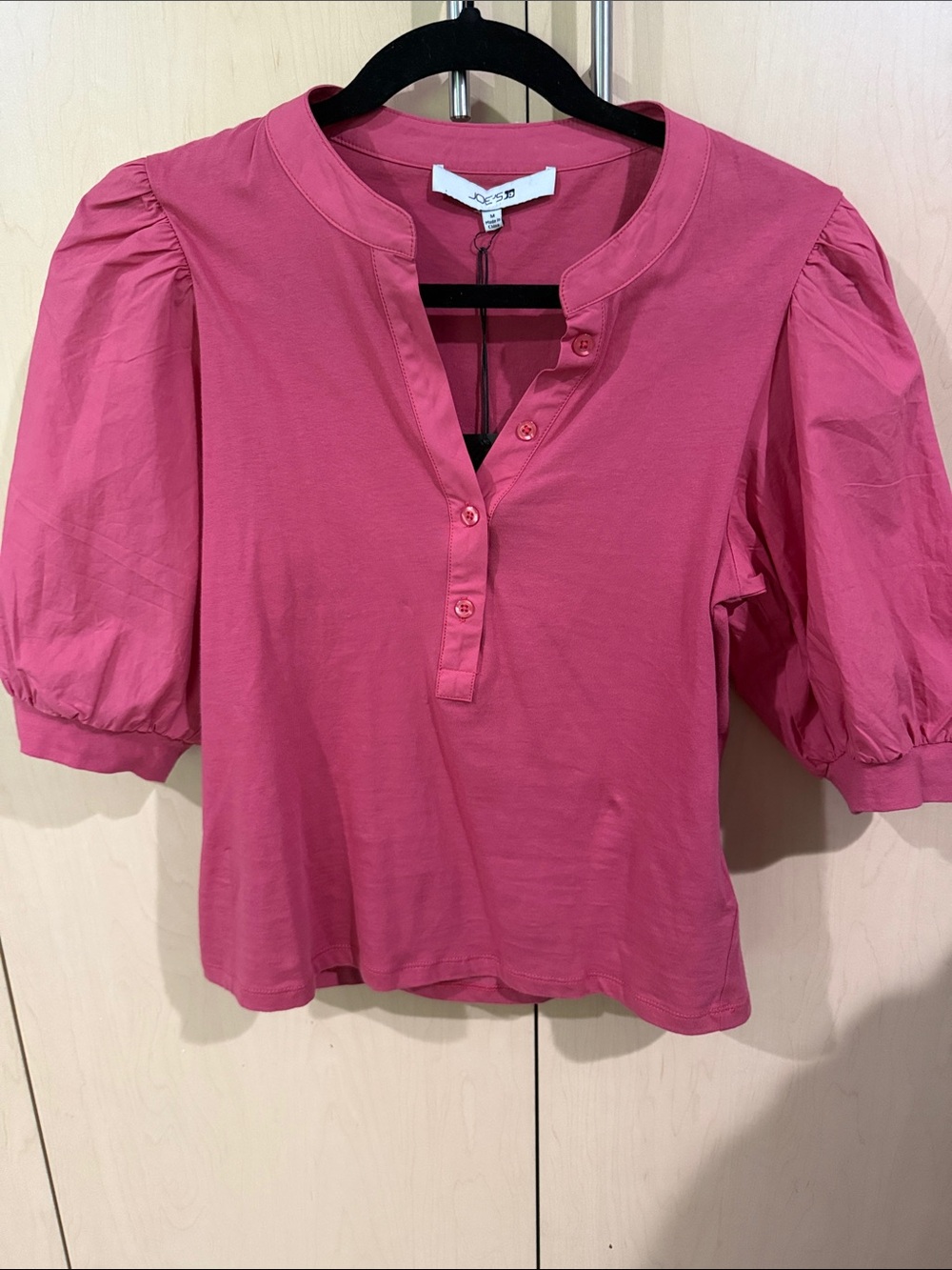 Joe B Rose-Pink Puff Sleeve Henley Blouse